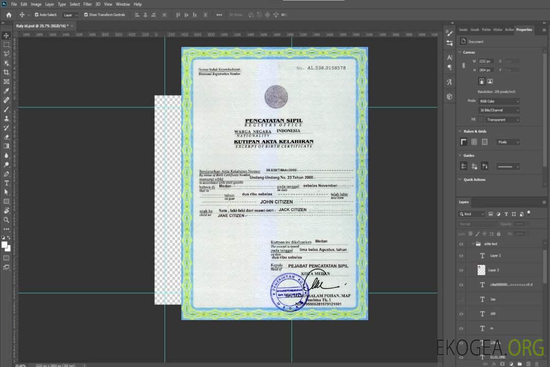 Modèle d'acte de naissance indonésien au format PSD, template Modèle d'acte de naissance indonésien au format PSD, template